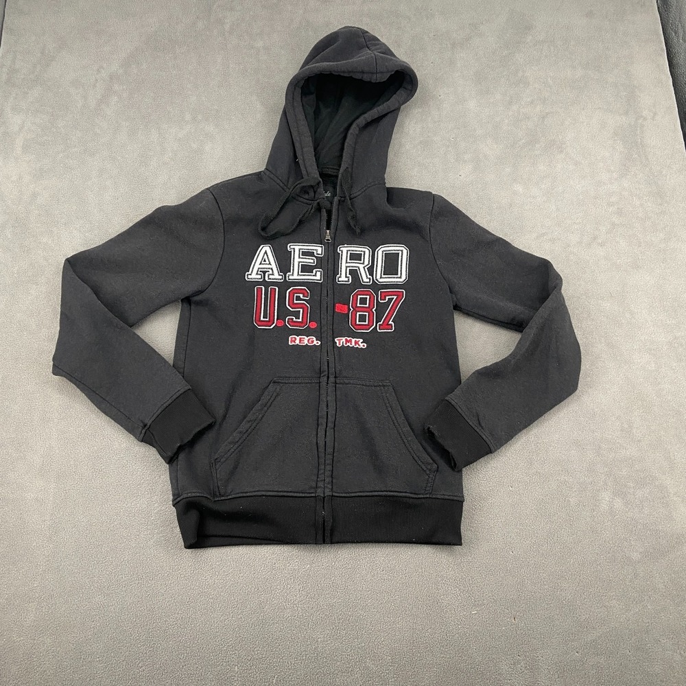 Vintage Aeropostale US 87 Hoodie Sz S Black Fleece Lined Y2K Streetwear Full‎